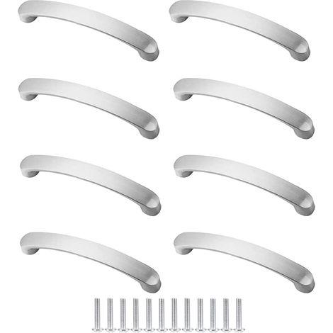Lot de 8 poignées de porte et de tiroir en aluminium argenté, pour placards et tiroirs de cuisine, avec vis (entraxe : 96 mm). (1/5)