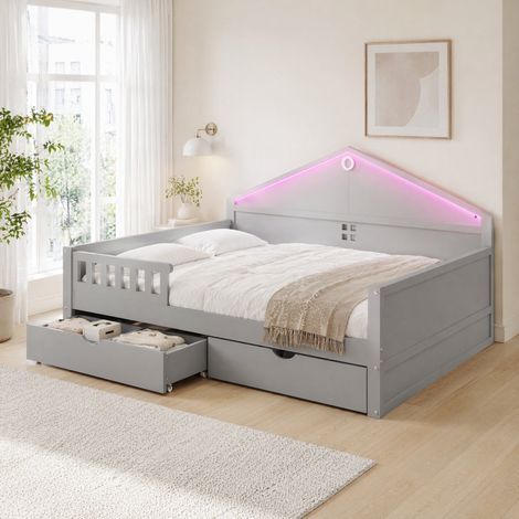 MEUBLIV Cama 140x200 cm gris – LED y almacenamiento, sin colchón (1/5)
