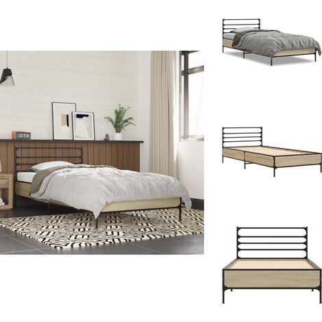 Bettgestell Sonoma-Eiche 90x200 cm Holzwerkstoff und Metall - Holzbettfassungen - Bettkopf - Doppelbett - Einzelbett - Lattenrost (1/5)