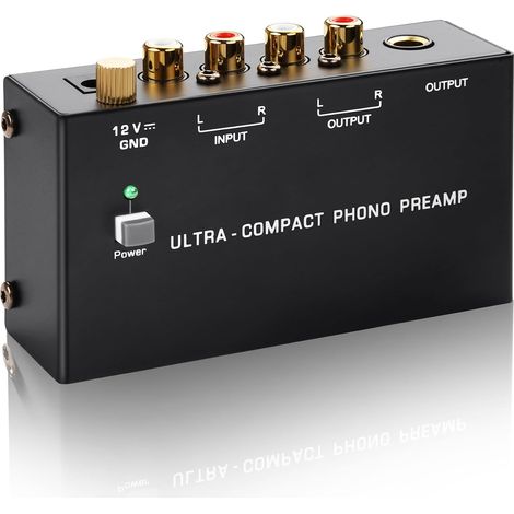 PP400P Préamplificateur Phono Double Sortie (RCA et ¼ Pouce) avec borne à Terre et Interrupteur d'alimentation, amplificateur phonographe Plateau tournant à Faible Bruit (Noir) (1/5)