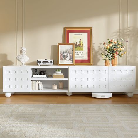 Mueble TV (200x40x44 cm), para televisor de hasta 80 pulgadas, 3 puertas con diseño impreso, tablero de partículas, blanco (1/5)