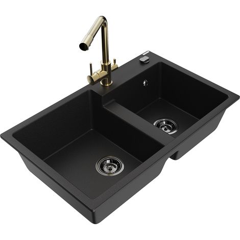 Mexen Tomas lavello in granito a 2 vasche con miscelatore cucina Duero, nero - 6516-77-671600-50-B (1/5)
