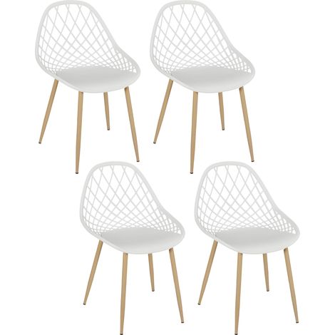 Lot de 4 chaises de jardin en polypropylène et métal – Dossier transparent en losange – Hauteur d'assise 45 cm – Blanc et naturel (1/5)