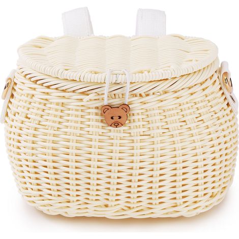 Panier de vélo pour Enfants, Panier de vélo pour Enfants tissé à la Main pour Filles et garçons avec Couvercle et bandoulière pour vélo d'équilibre, Amovible , Beige