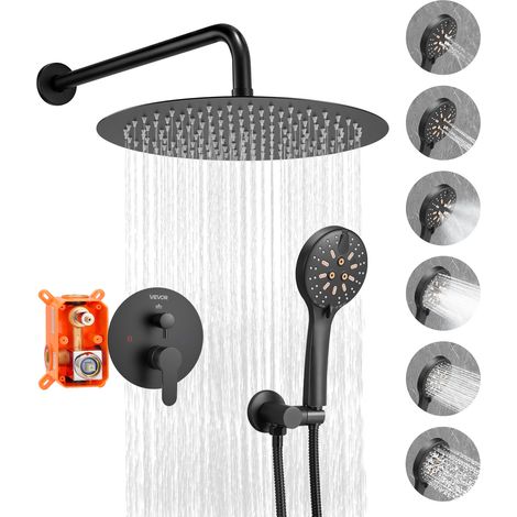 VEVOR Shower Faucet Set, Rainfall Bathroom Shower System with 12-Inch (30.5cm) Round Rain Shower Head and Handheld Spray, Wall Mounted Bath Fixtures with Brass Valve and Trim Kit, Matte Black