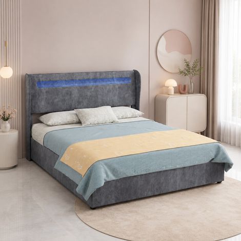 Letto contenitore 140x200 con testiera LED integrata, grigio, meccanismo a pistoni DESVIAE (1/5)