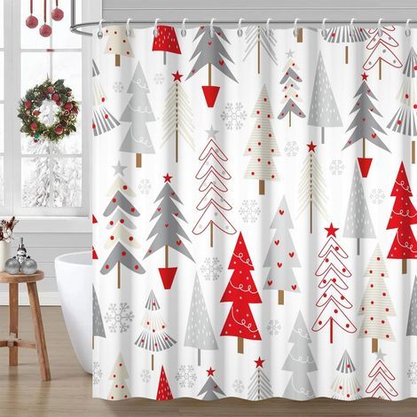 Anti-mold shower curtain, 180 x 180 cm, abstract grey red Christmas tree pattern, washable and waterproof, with 12 hooks. (1/5)