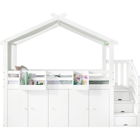 CHICFURN Litera infantil 90x200 cm de pino, MDF y contrachapado blanco y verde sin colchón (1/5)