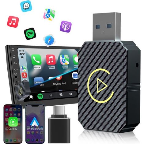 Dongle wireless 2 in 1 per CarPlay e Android Auto, funzione online durante il giorno con connessione cablata tramite adattatore di cavo (1/5)