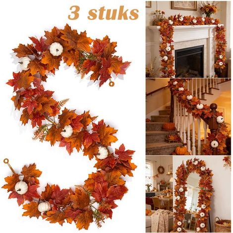 Lot de 3 guirlandes de feuilles d’automne avec citrouilles – 200 cm – Pour cheminée, escalier et porte – Thanksgiving et Halloween (1/5)