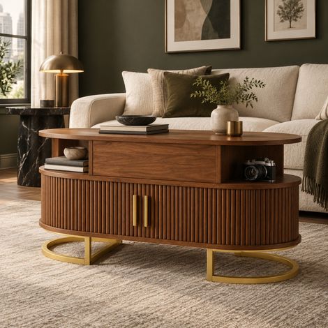 Ovale Couchtisch mit Hubplatte, MDF, Stauraum und Schiebetüren, 100 x 50 cm, OKWISH (1/5)