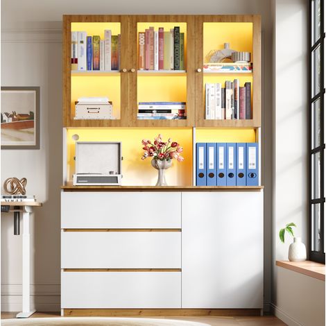 Hochschrank mit LED Beleuchtung, 120x200 cm, Glasvitrine, offene Arbeitsplatte, MDF, Weiß und Eiche (1/5)