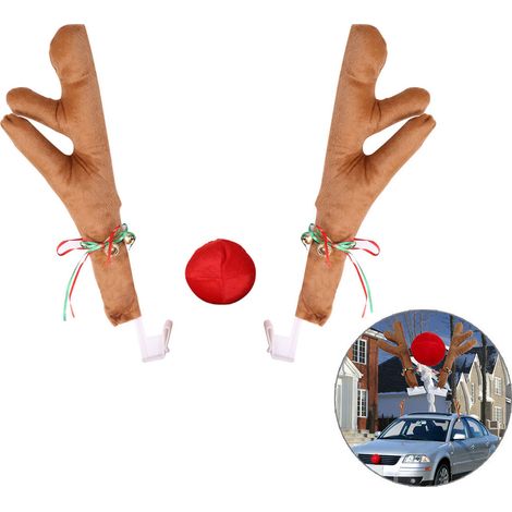 AKLOSIPY Niedliches Weihnachts-Rentiergeweih- und Rotnasen-Auto-Set zur Weihnachtsdekoration auf dem Dach und dem automatischen Kühlergrill (Khaki).