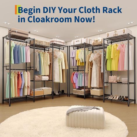 Portant à vêtements robuste modulable – 4 tringles & étagères réglables – grand capacité pour chambre ou dressing – Métal noir – Système 3 combinaisons (2x3x2 étages)