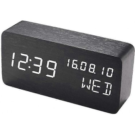 Réveil de bureau en bois avec commande vocale, affichage de la date et de la température, luminosité réglable (3 niveaux), réveil numérique LED pour chambre à coucher. (1/5)