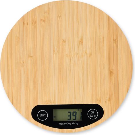 Relaxdays Kitchen Scale Digital, Bamboo, LCD Display, Tare, 5 kg, Circular Design, 20 cm Diameter, Natural Wood Colour