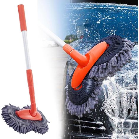 Balai de voiture rotatif à double tête télescopique avec microfibre, nettoyant pour pare-brise, accessoires de caravane pour le lavage et le nettoyage de voiture (1 pièce)
