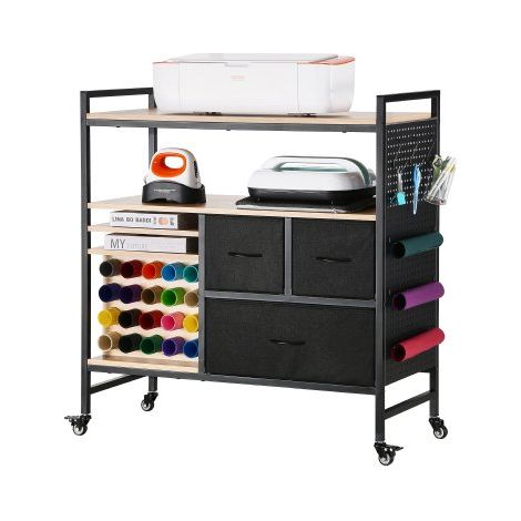 Carrito de Manualidades con Ruedas y Mesa de Almacenamiento, Mesa Plegable con Lados Plegables, 20 Soportes para Rollos de Vinilo y 3 Cajones, Compatible con Máquinas, Negro (1/5)