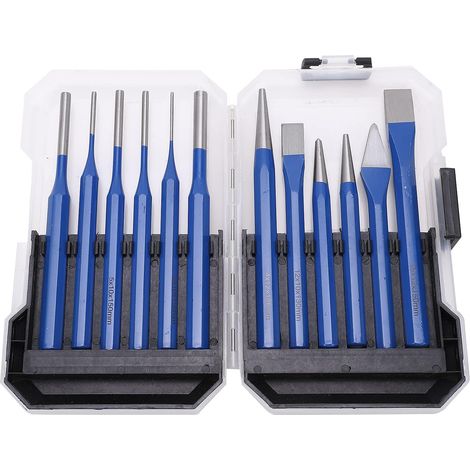 12-teiliges flaches zylindrisches konisches Meißelstanzset mit blauem Griff, Gravur- und Stanzwerkzeuge für Schnitzbedarf, robustes Metallmeißelset (1/5)