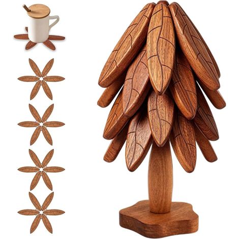 Ensemble sous-Plats Sapin Bois 4 sous-Verres De Table Antidérapants Sous-verres en bois forme d'arbre Pour Plats Chauds Casseroles Bols Plan De Travail Cuisine Table À Manger (1/5)