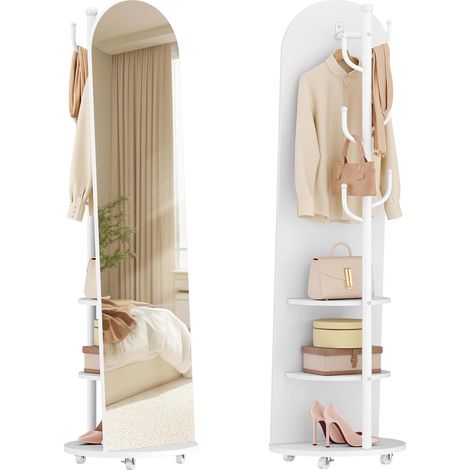 Miroir sur Pied, Miroir à Poser au Sol, 163 X 45 cm, avec Roues Pivotantes, Miroir sur Pied avec Porte-Manteau de Étagères et Crochets pour Chambre à Coucher, Verre Trempé, Blanc (1/5)