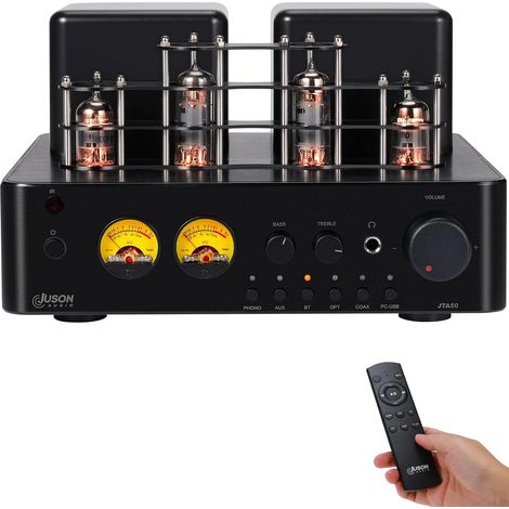 Amplificateur à Tube HiFi d'entrée de Gamme avec BT 5.0, télécommande, AUX, Coax, Phono et entrée USB, Sortie Caisson de Basses, 2.1 canaux pour Platine Vinyle