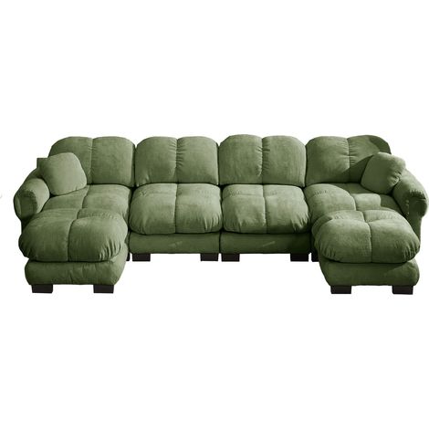 Divano modulare a U per soggiorno in ciniglia verde con 2 pouf mobili (1/5)