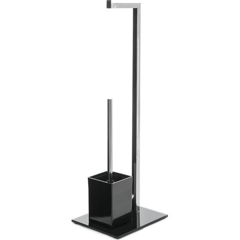 Dérouleur Papier Toilette + Brosse WC en Métal Noir et Base en Verre (1/5)
