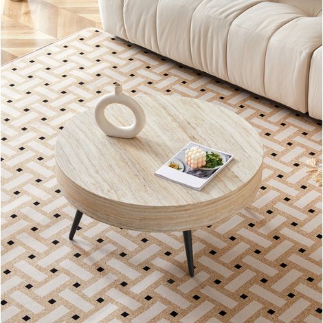 Tavolino da caffè rotondo MDF effetto travertino chiaro e metallo nero 70 x 35,5 cm (1/5)