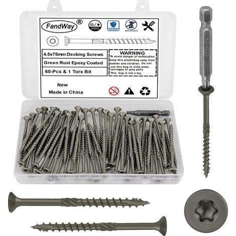 60 Pièces Vis à Bois Torx pour Panneaux D'aggloméré 4,5x75mm Vis à Tête Fraisée,Vis Autotaraudeuses Torx Universelles Pour Construction de Toiture,Terrasse Avec 1 T25 Bits.Vert époxy. (1/5)