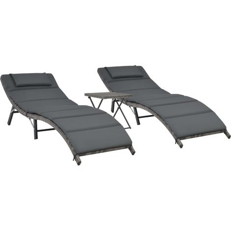 Set di 3 lettini prendisole pieghevoli resina intrecciata grigia 020011994