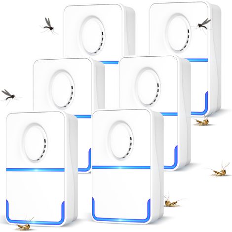 Unidad ultrasónica de control de plagas enchufable de 6 piezas – 850–1300 pies cuadrados – Segura para niños y mascotas – Blanco/Azul – ABS – 5 W