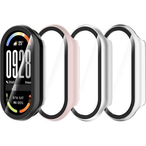 4 Pièces Coque Compatible avec Xiaomi Band 10, Coque Rigide en PC avec Protecteur d'écran, Coque HD avec Verre Trempé - Transparent,Noir, Rose, Argent (1/5)