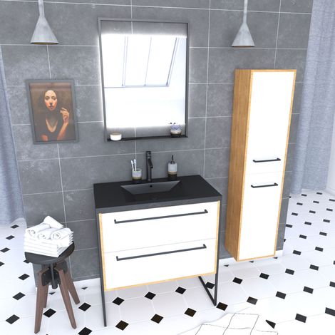 Mueble de baño 80 cm, lavabo negro, espejo LED y columna - Roble y blanco