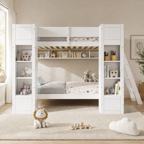 Litera 90x200 cm blanca con espacio de almacenamiento y escalera reversible (1/5)