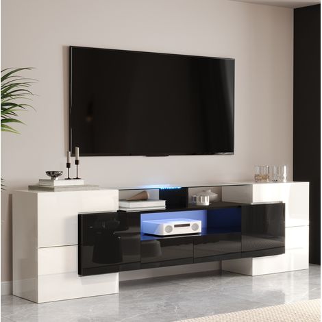 Mueble para TV de MDF blanco y negro 200x35x60 cm con 6 puertas, 2 cajones, 3 huecos y luz LED multicolor (1/5)