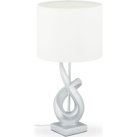Relaxdays Lámpara Mesita Moderna, Diseño Abstracto, Luz Sobremesa, Pantalla Tela, E27, 50 x 25 cm, Plateado y Blanco