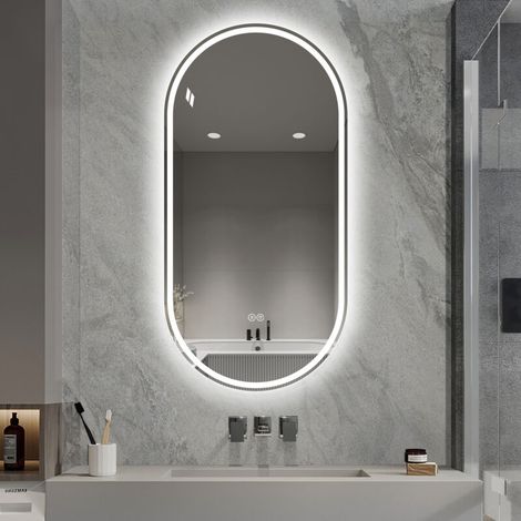 Miroir intelligent à montage mural ovale, sans cadre, de 60×120 cm. Miroir pour la salle de bains doté d’un écran tactile anti-buée.
