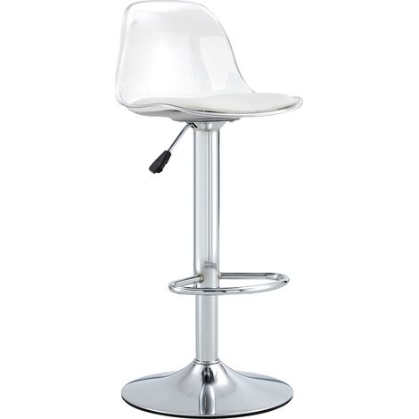 CAIziLot de 2 tabourets de bar réglables: dossier transparent + pieds en métal argenté, hauteur réglable de 82 à 104 cm, rotation à 360°.