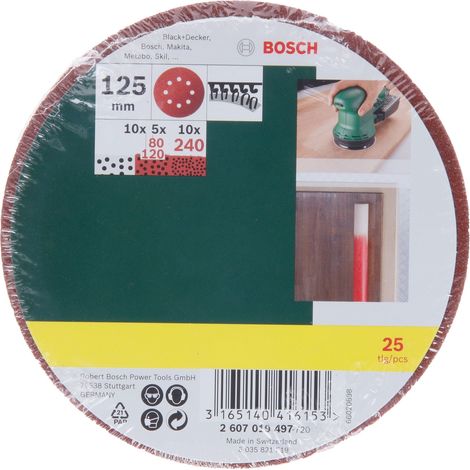 Lijas para lijadora excéntrica, grano 80, 120, 240, 25 unidades BOSCH 2607019497