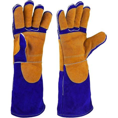 16 Zoll lange, hitzebeständige Schweißerhandschuhe aus Leder, langärmelige Grillhandschuhe, blaue BBQ-Schweißerhandschuhe + oder