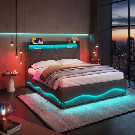 Cama tapizada con LED y cabecero con estante, almacenamiento oculto, puertos USB y Type-C, terciopelo gris (222x149x116.5 cm) (1/5)