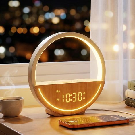 Lampe de Chevet et Réveil Simulateur d'Aube, Veilleuse Tactile avec Charge USB, 20 Sons Relaxants & Bruits Blancs, Double Alarme pour Semaine/Week-End, Réveil Lumineux pour Gros Dormeurs