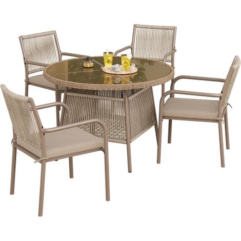 Salon de jardin rotin table ronde verre 4 fauteuils fer moderne