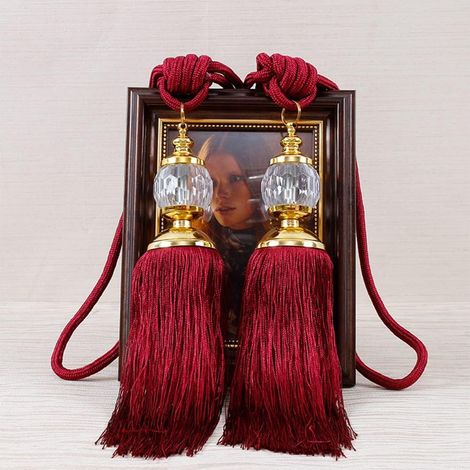 2 embrasses luxe boule pompons perles, décoration maison bureau rouge (1/4)