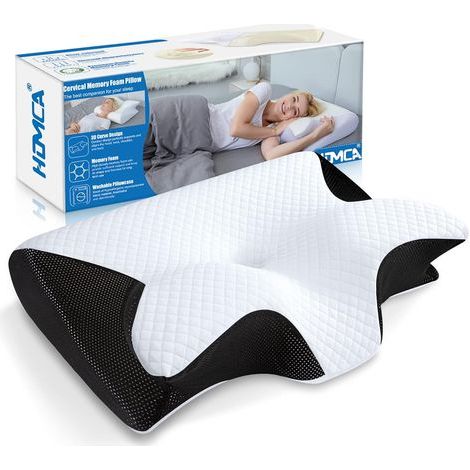 Oreiller Ergonomique Cervical, 2 en 1 Oreiller à Mémoire de Forme pour la Nuque, Coussin pour Dormir sur Le Côté et sur Le Dos, 60x40x12/14cm, Noir (1/5)