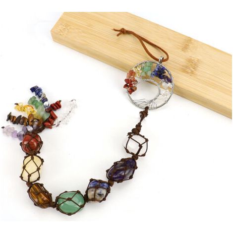 BUNTHAUS Chakra pierres arbre de vie ornement guérison naturelle 7 Chakra cristal suspendu ornement voiture fenêtre voiture maison Yoga décor(Argent courbé) (1/5)
