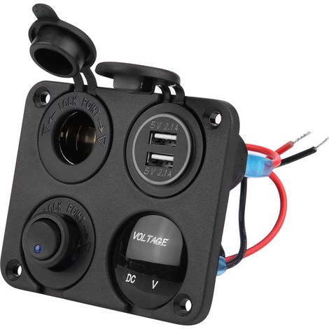 4-Positionen-Schalterfeld mit zwei USB-Anschlüssen, Zigarettenanzünder und blauem LED-Voltmeter (1/5)