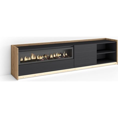 Skraut Home - Mueble TV, Televisión, Muebles de salón, almacenaje, 207x37x50cm, Para TV hasta 80", Chimenea eléctrica, LED, Estilo Moderno, Negro y roble (1/5)