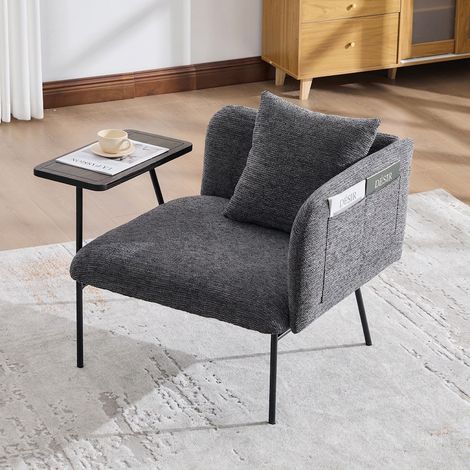 Einzelsessel mit Beistelltisch 86x72x71 cm, Chenille Sessel mit 2 Staufächern, Metallrahmen, gepolstert, grau, für Wohnzimmer Leseecke